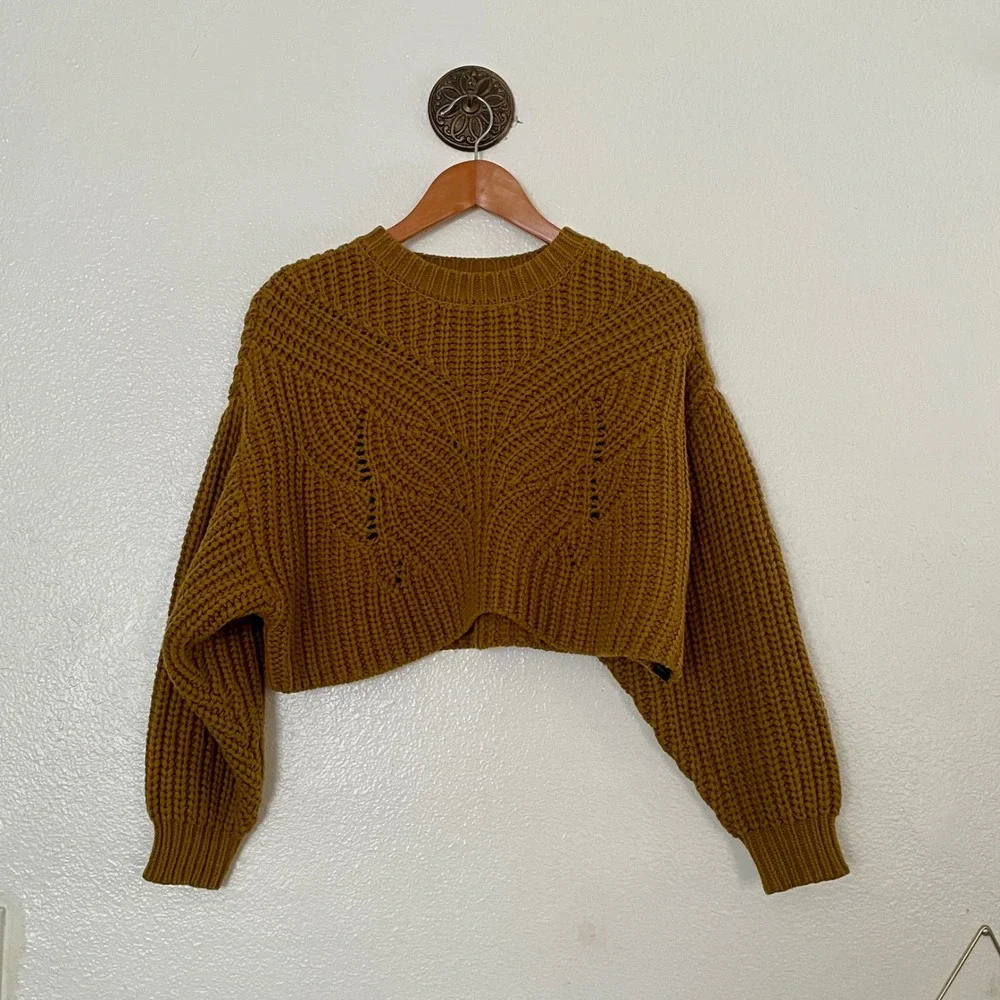 Topshop‎ Mustard Yellow Chunky Knit Cropped Sweater Pointelle Chevron Womens S